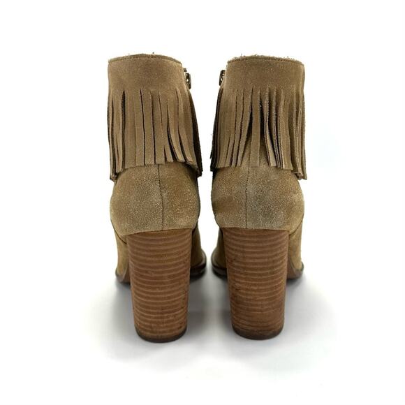 Neiman Marcus Avale Tan Ankle Boot Size 8 Suede Fringes Block High Heel Bootie - Picture 12 of 15